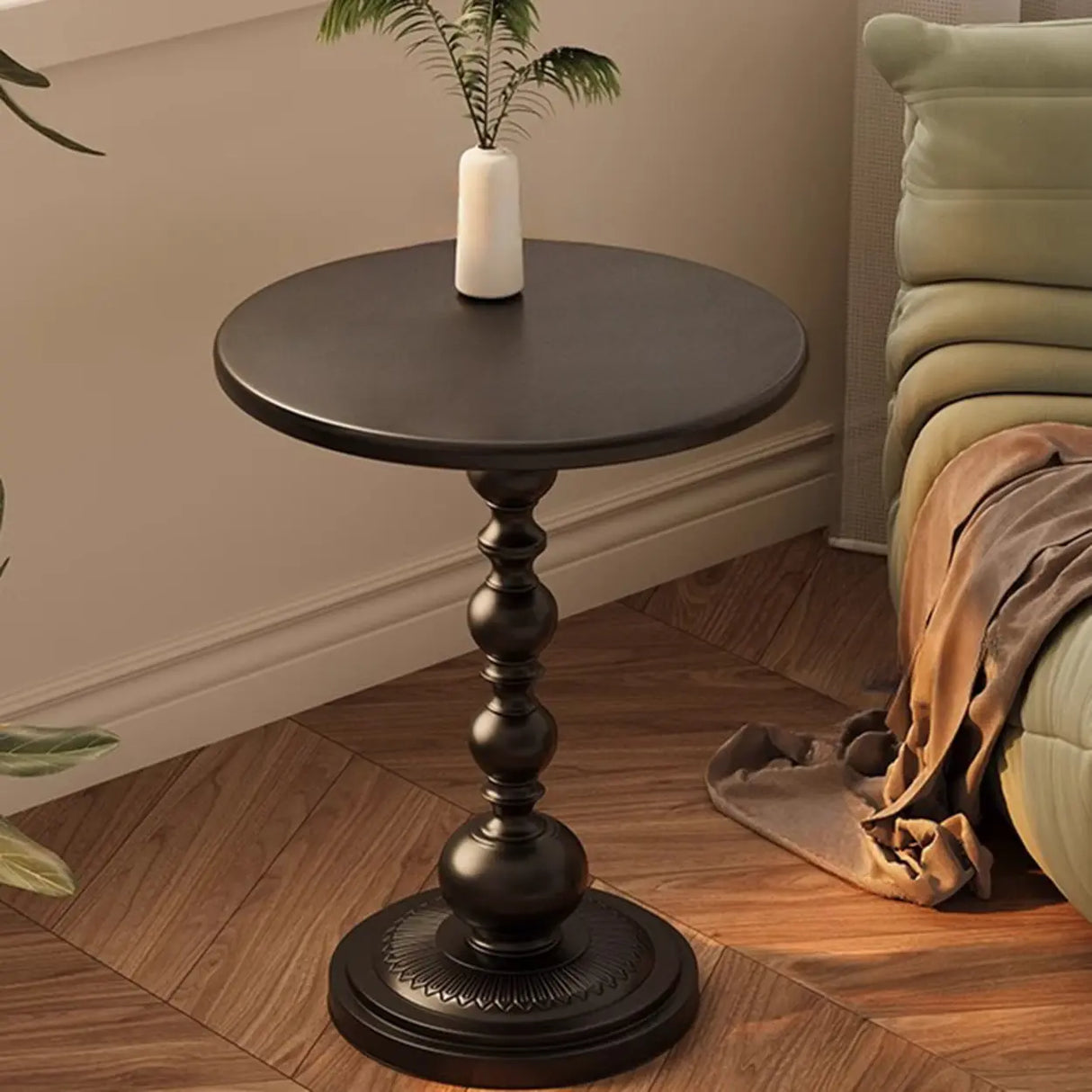 Mid-Century Modern Black Wood Round Pedestal Side Table Image - 6