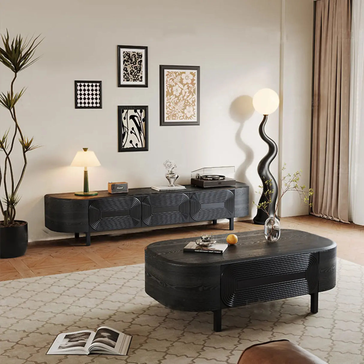 Mid-Century Modern Black Wood TV Stand with Drawers Image - 1