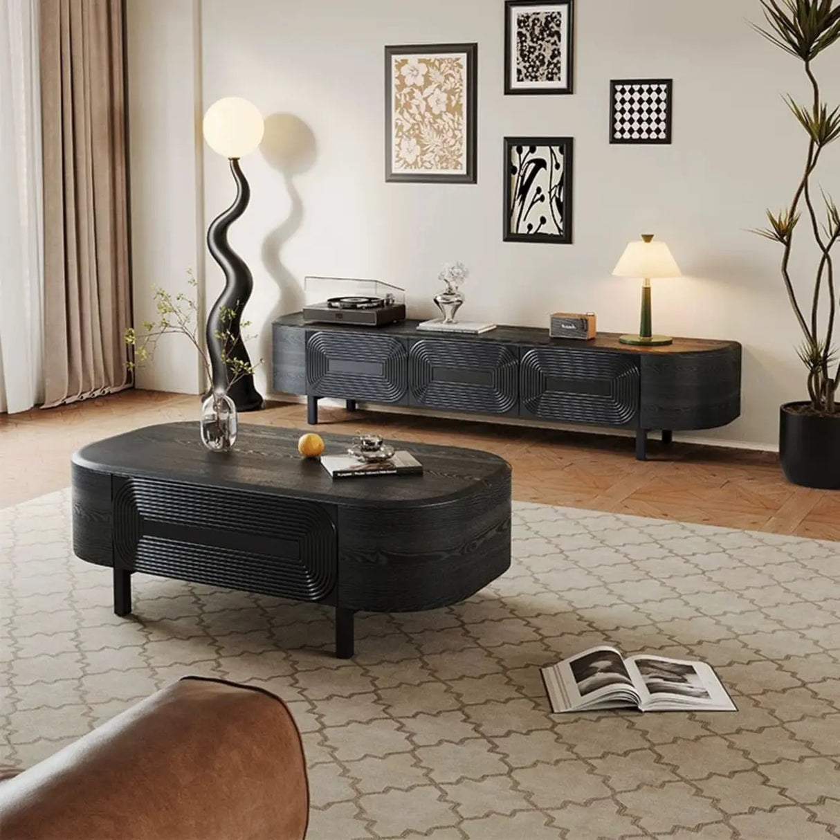 Mid-Century Modern Black Wood TV Stand with Drawers Image - 4