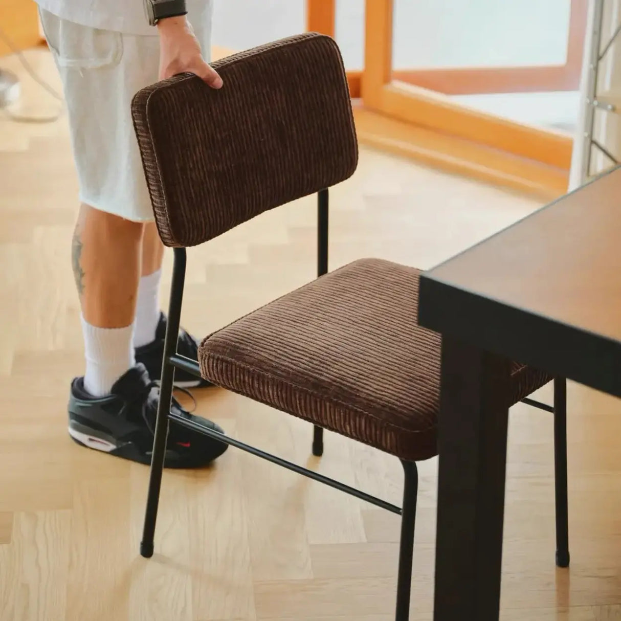 Mid-Century Modern Brown Corduroy Upholstered Dining Chair Image - 2