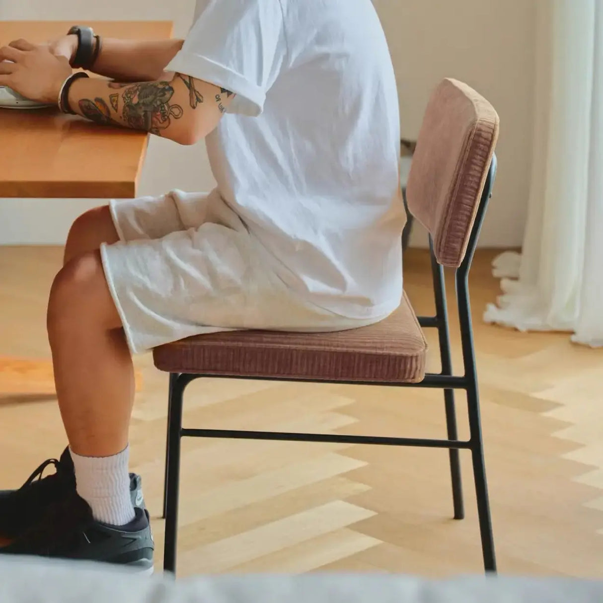 Mid-Century Modern Brown Corduroy Upholstered Dining Chair Image - 3