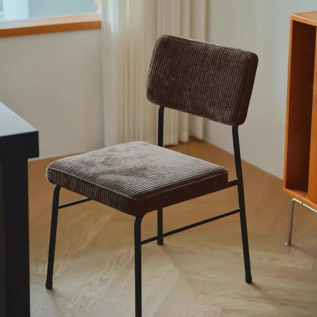 Mid-Century Modern Brown Corduroy Upholstered Dining Chair Image - 5