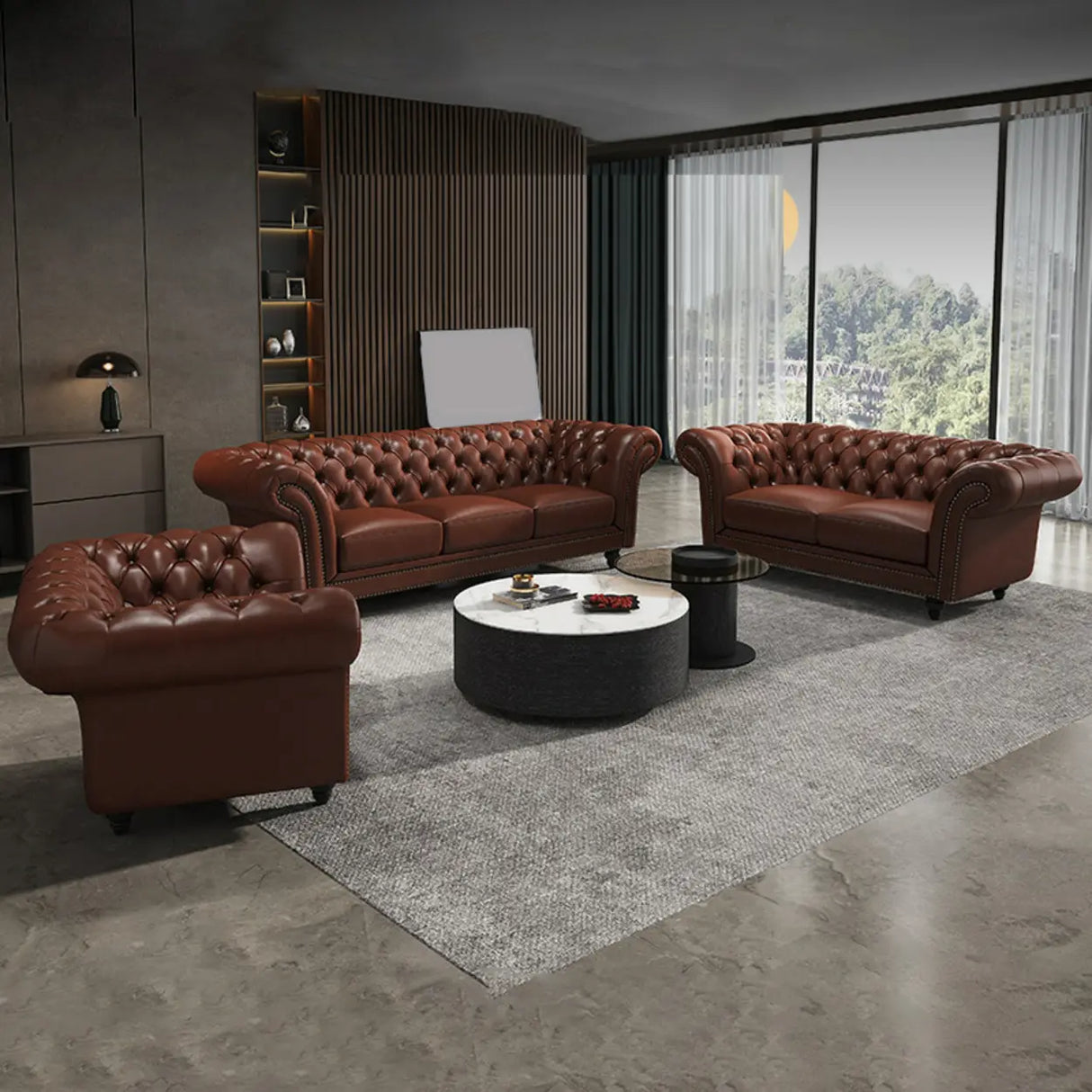 Mid-Century Modern Brown Cow Leather Flared Arm Sofa Image - 4