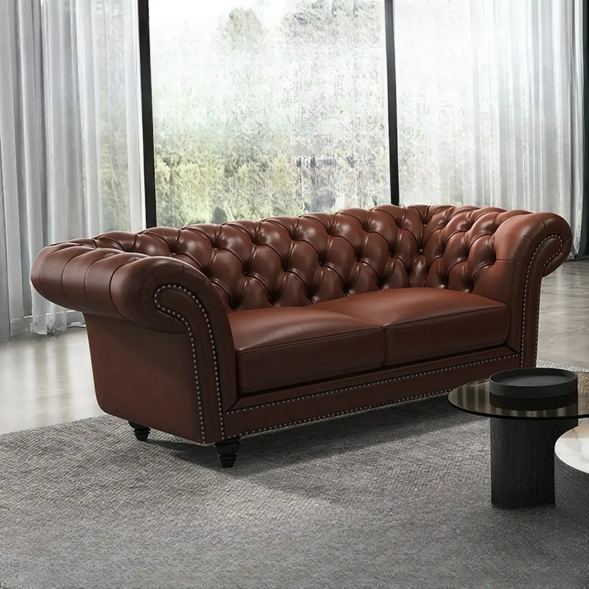 Mid-Century Modern Brown Cow Leather Flared Arm Sofa Image - 5