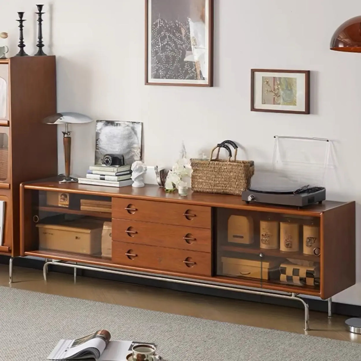 Mid-Century Modern Brown Drawers Rectangle TV Stand Image - 1