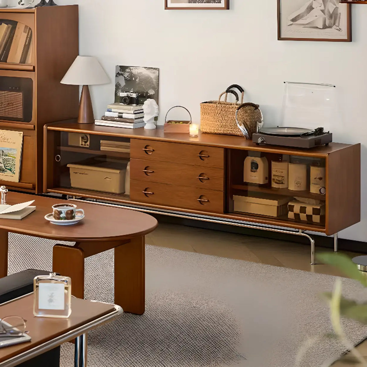 Mid-Century Modern Brown Drawers Rectangle TV Stand Image - 3