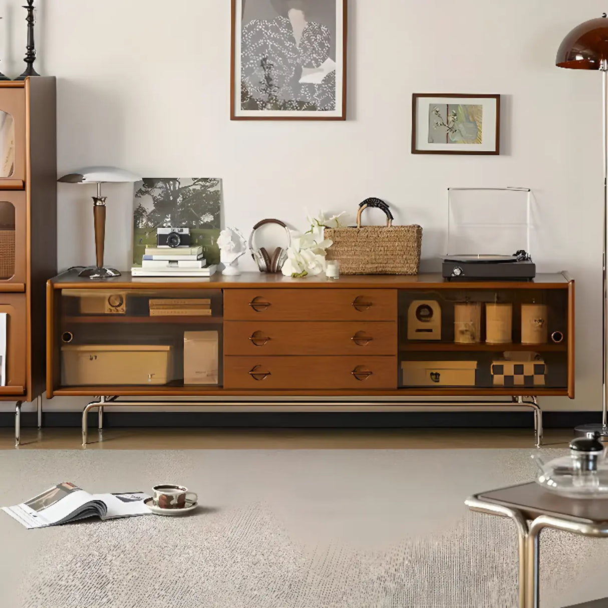 Mid-Century Modern Brown Drawers Rectangle TV Stand Image - 5