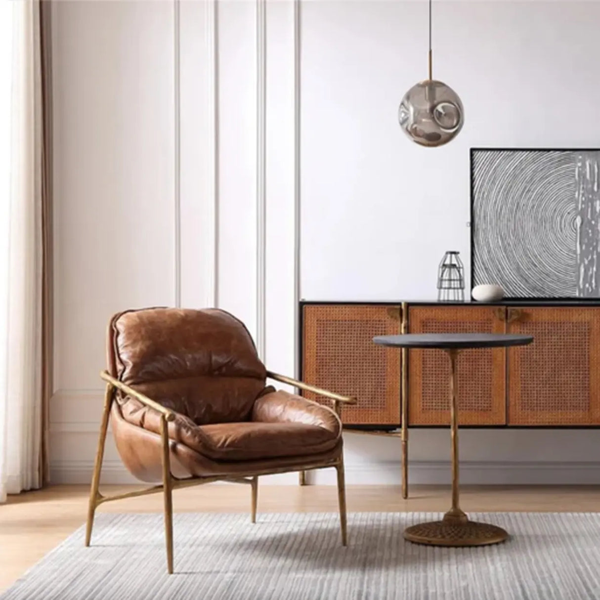 Mid-Century Modern Brown Leather Arm Accent Chairs Image - 1