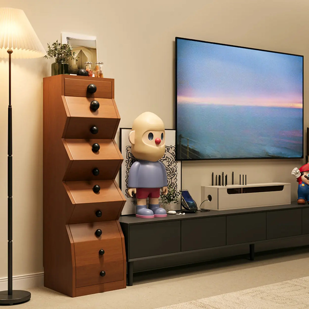 Mid-Century Modern Brown Wood Narrow Nightstand with Drawers Image - 11