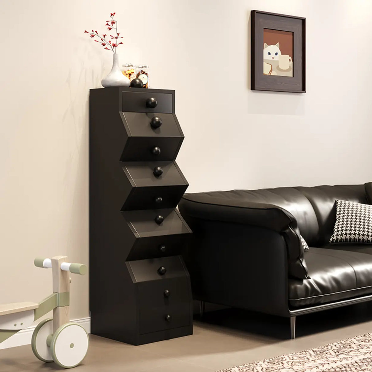 Mid-Century Modern Brown Wood Narrow Nightstand with Drawers Image - 5