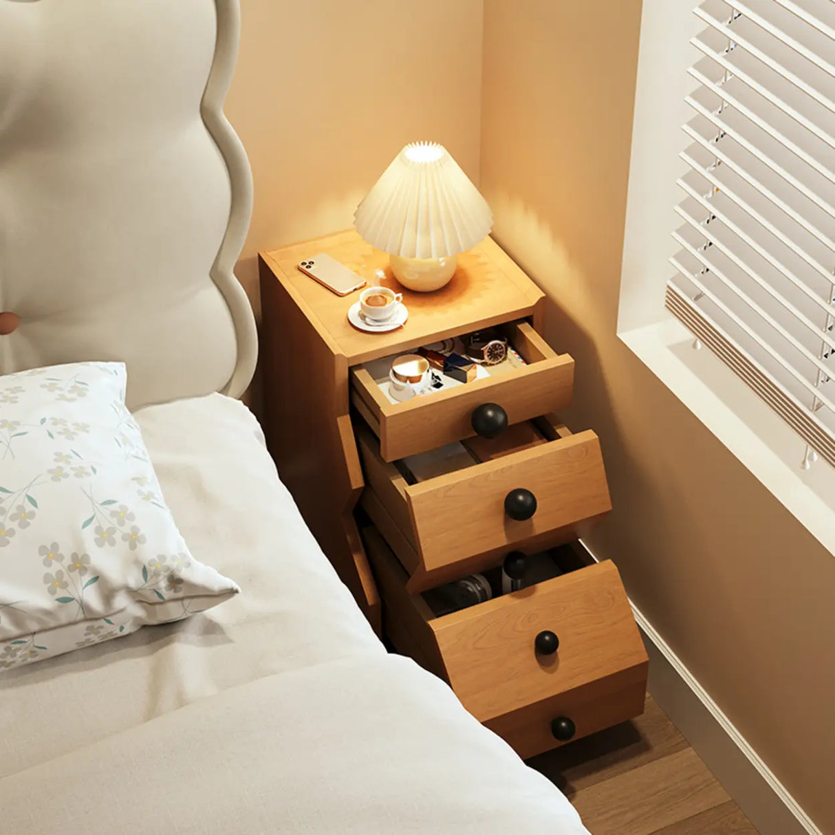 Mid-Century Modern Brown Wood Narrow Nightstand with Drawers Image - 9