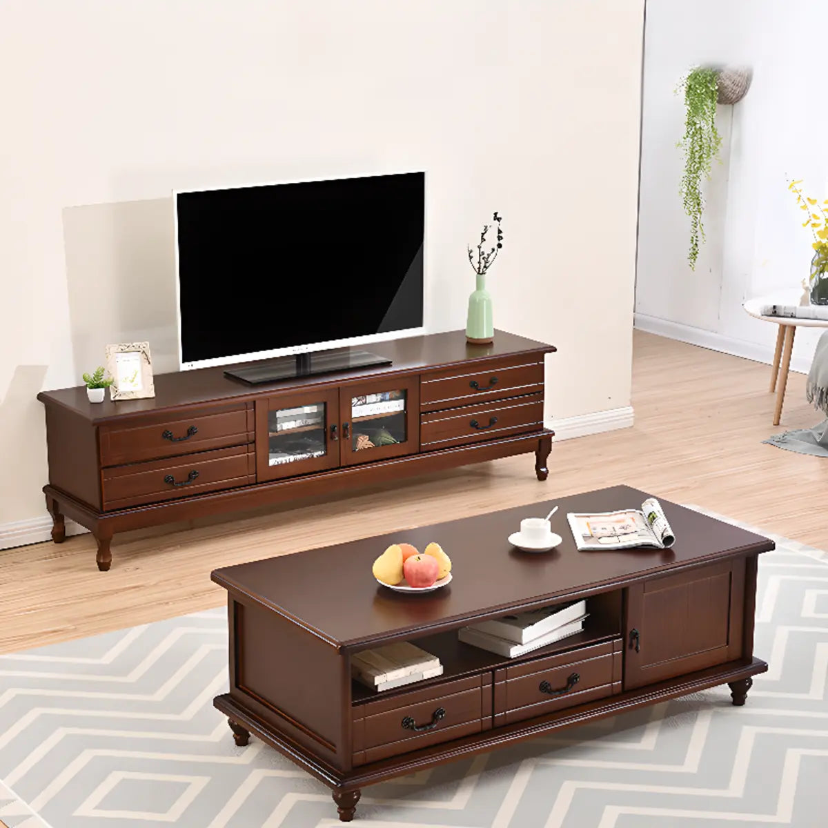 Mid-Century Modern Brown Wood TV Stand with Drawers Image - 2