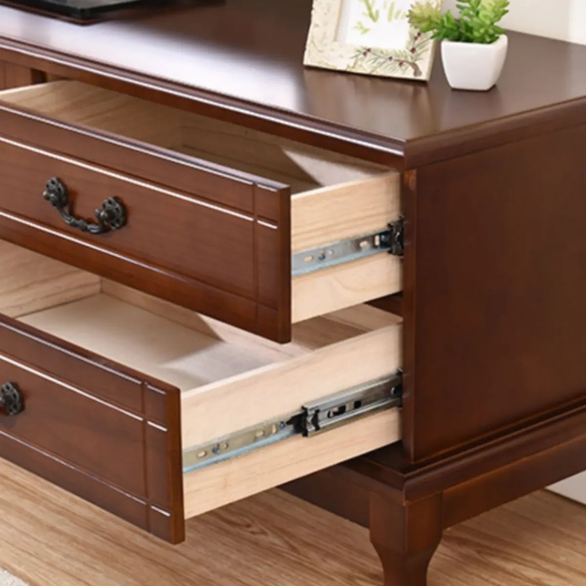 Mid-Century Modern Brown Wood TV Stand with Drawers Image - 4