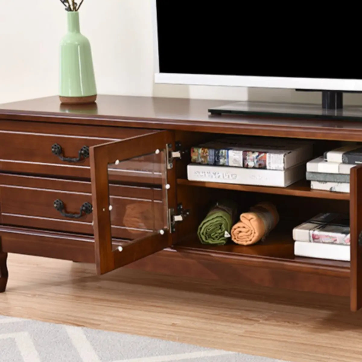 Mid-Century Modern Brown Wood TV Stand with Drawers Image - 7