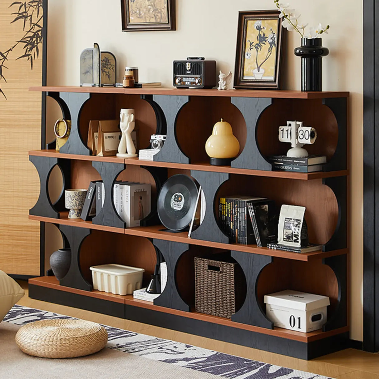 Mid-Century Modern Closed Back Wood Brown Vertical Bookshelf Image - 3