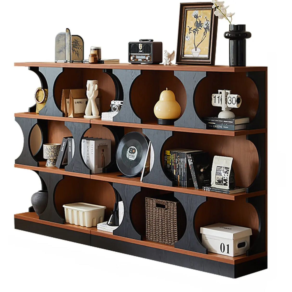 Mid-Century Modern Closed Back Wood Brown Vertical Bookshelf Image - 5