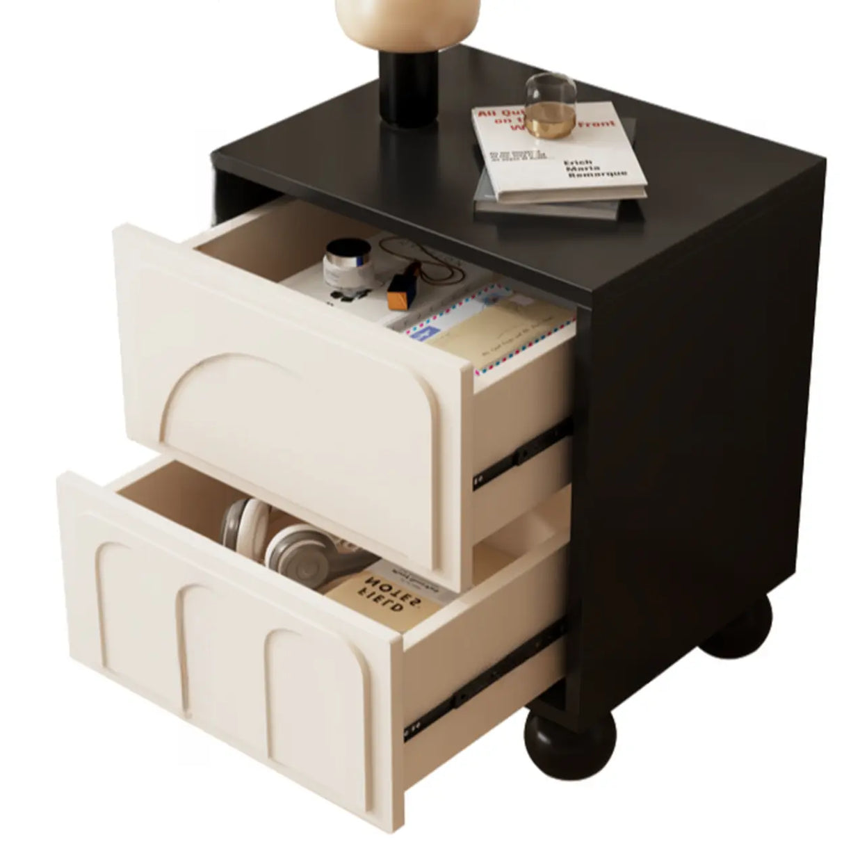 Mid-Century Modern Cream and Black Nightstand with Drawers Image - 1