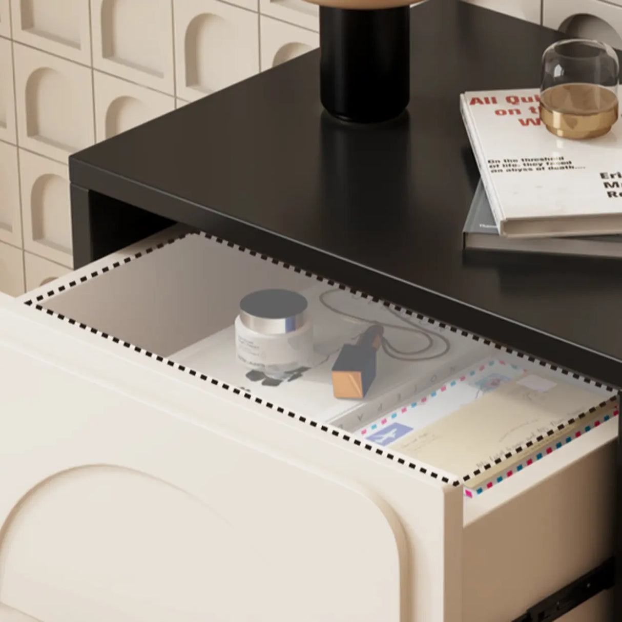 Mid-Century Modern Cream and Black Nightstand with Drawers Image - 12