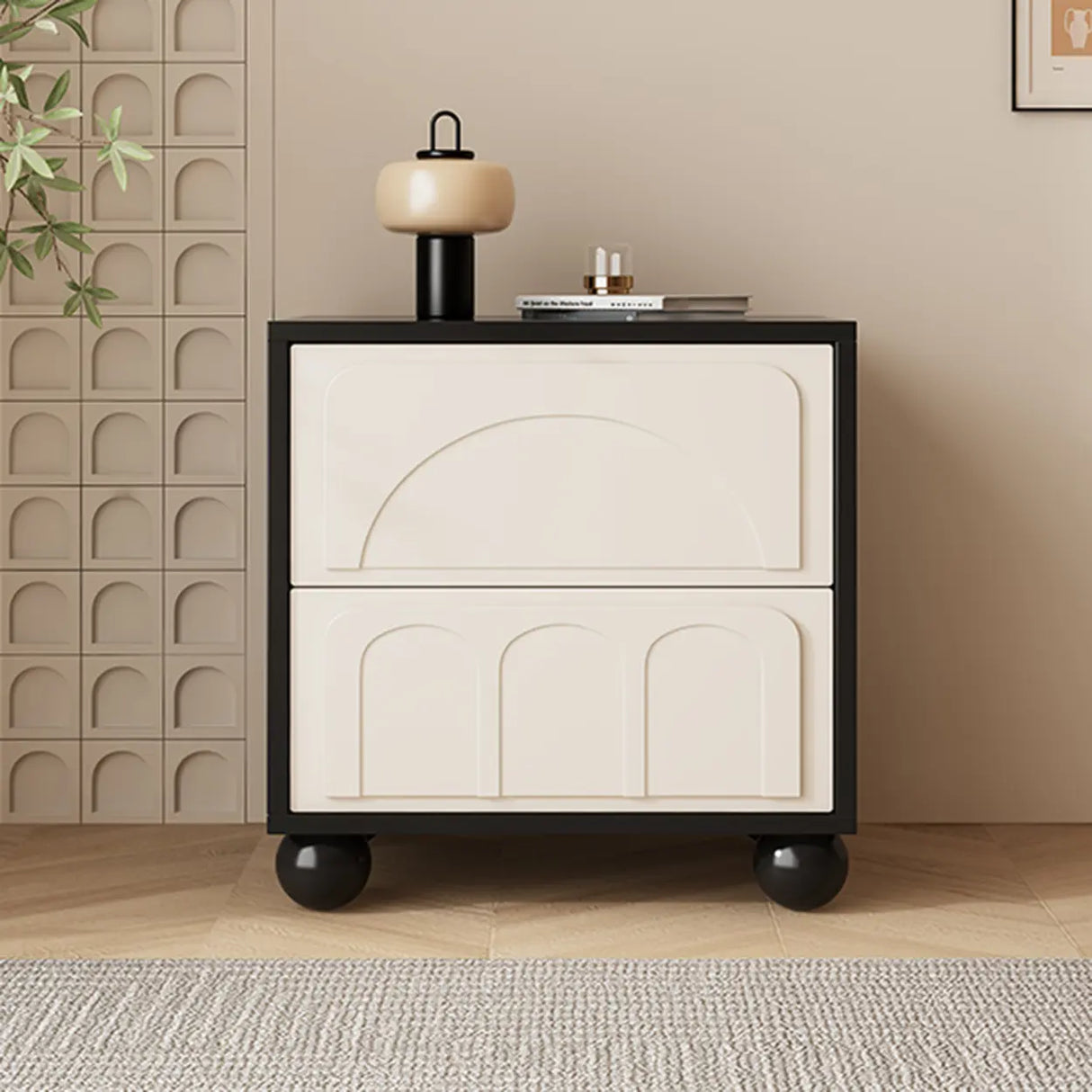Mid-Century Modern Cream and Black Nightstand with Drawers Image - 4