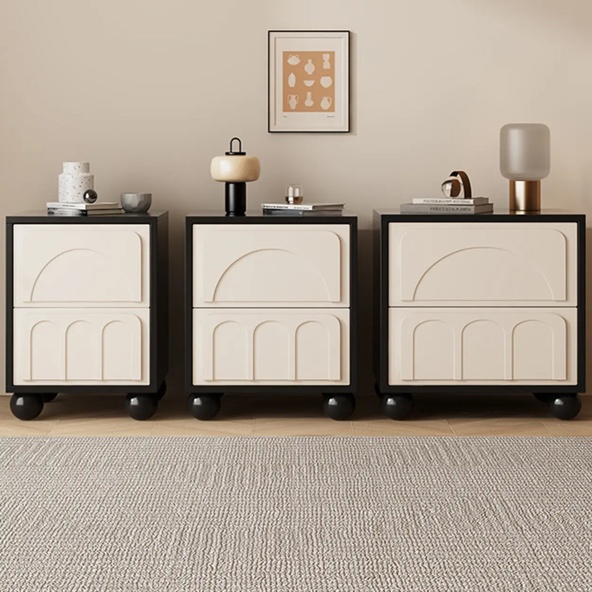 Mid-Century Modern Cream and Black Nightstand with Drawers Image - 6