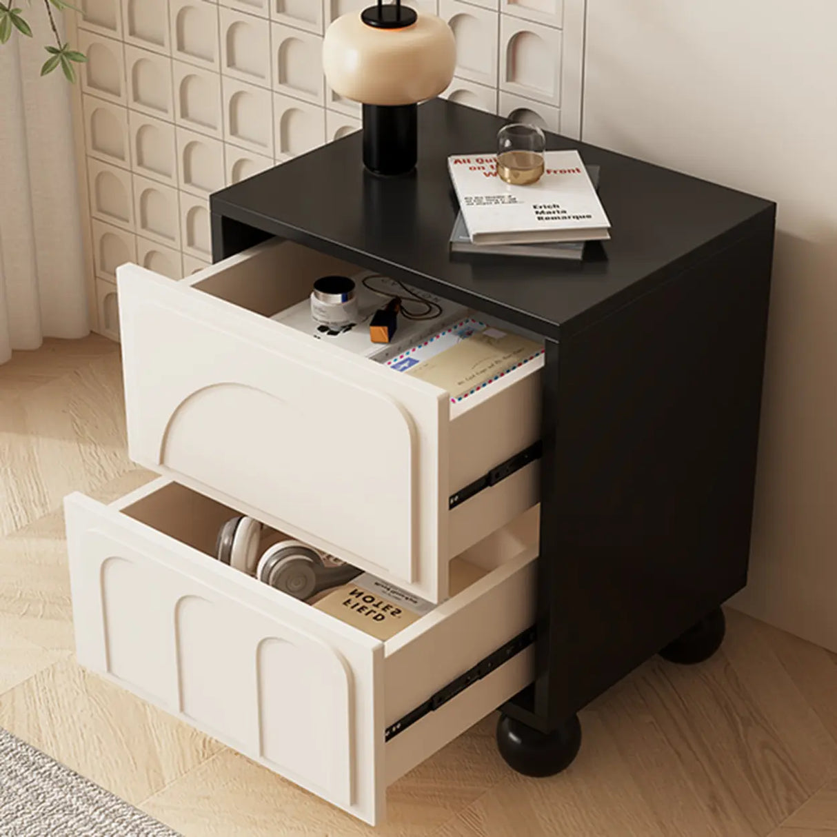 Mid-Century Modern Cream and Black Nightstand with Drawers Image - 7