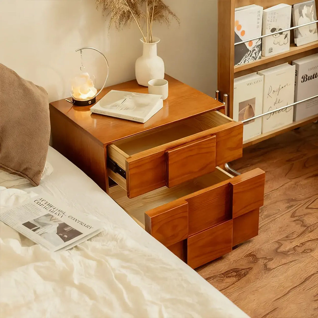 Mid-Century Modern Cube Wood Nightstand with 2 Drawers Image - 7