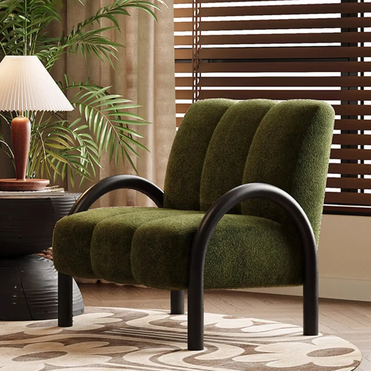 Mid-Century Modern Curved Back Chenille Green Accent Chair Image - 1