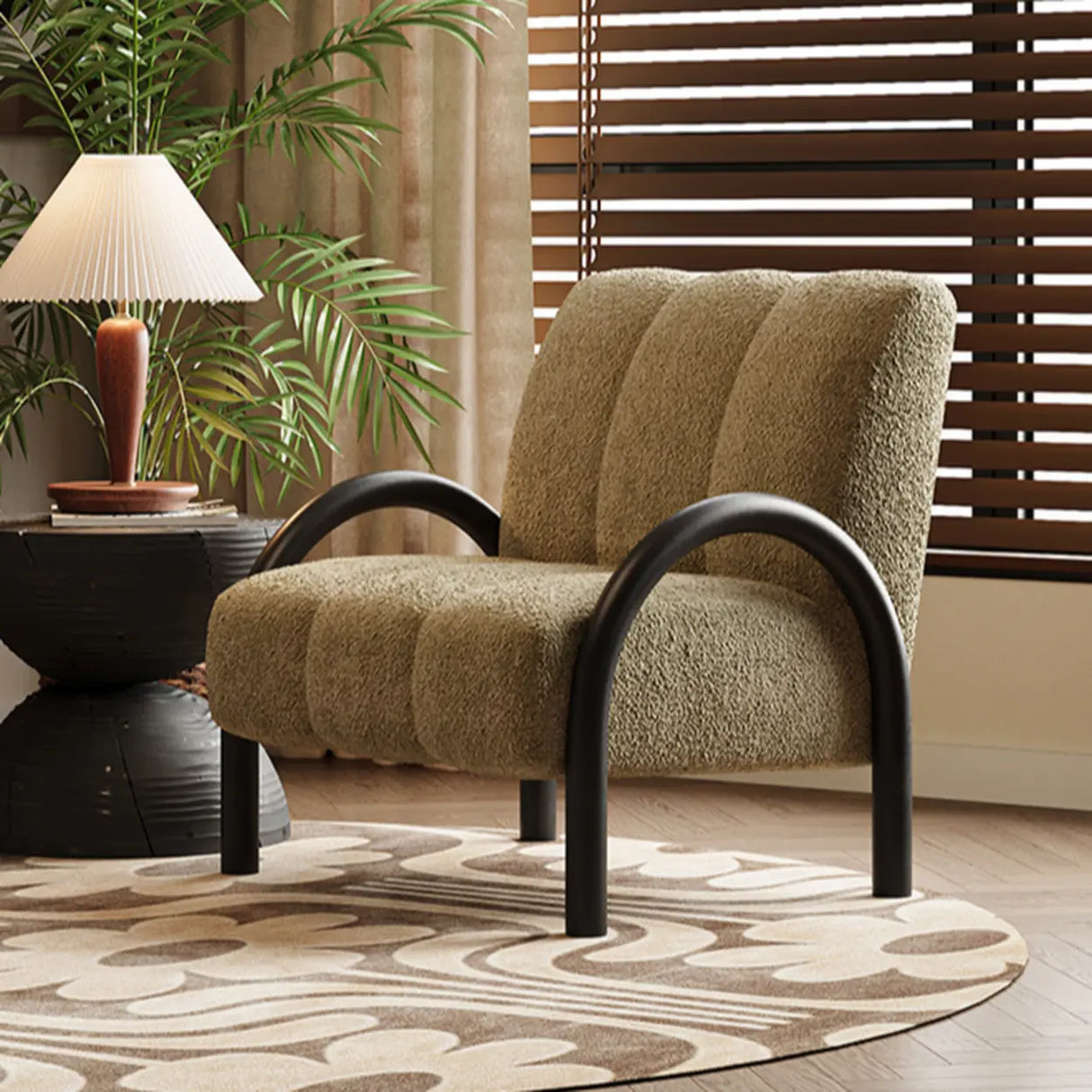 Mid-Century Modern Curved Back Chenille Green Accent Chair Image - 4