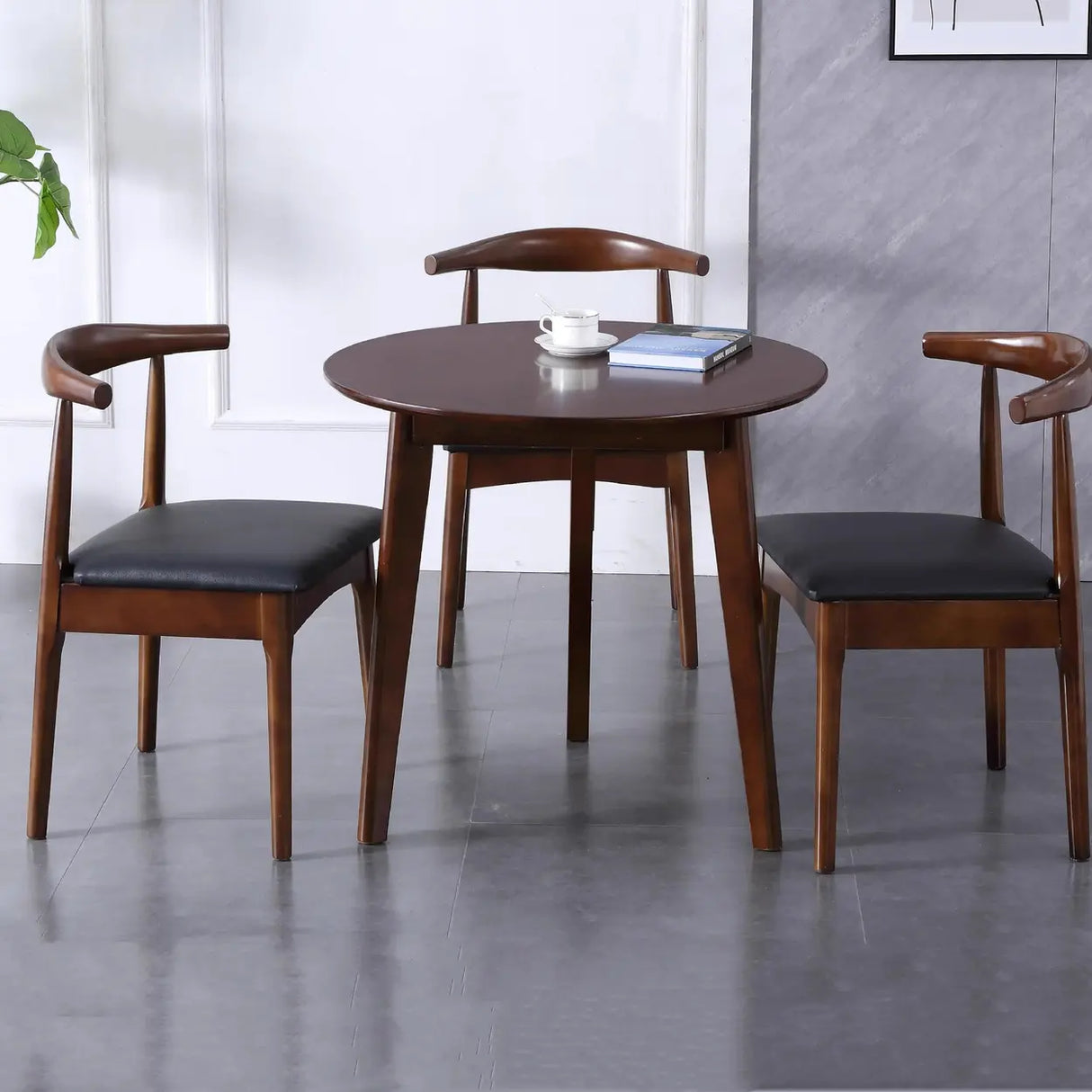 Mid-Century Modern Leather Cushion Wood Curved Back Dining Chair Image - 2