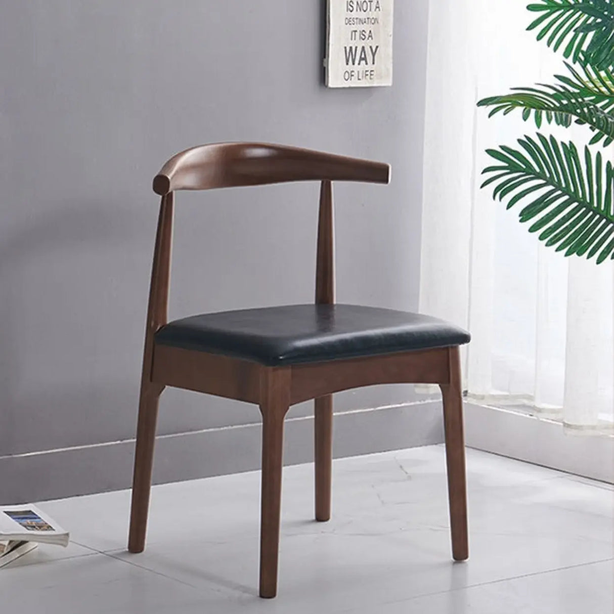 Mid-Century Modern Leather Cushion Wood Curved Back Dining Chair Image - 5