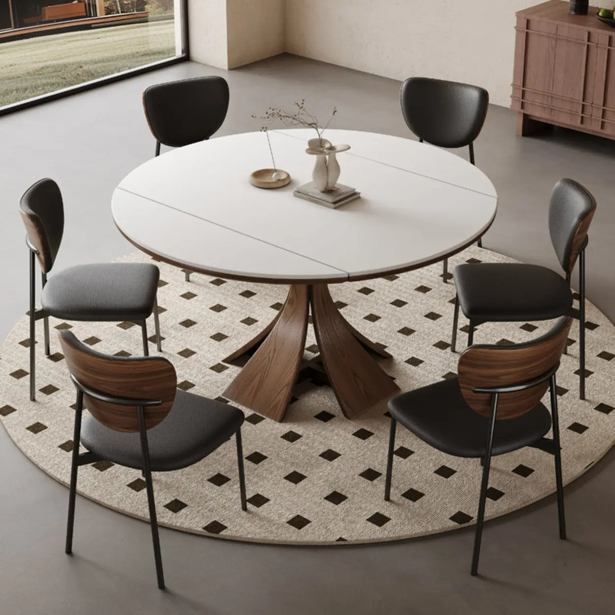 Mid-Century Modern Extendable Round White Stone Dining Table Image - 1