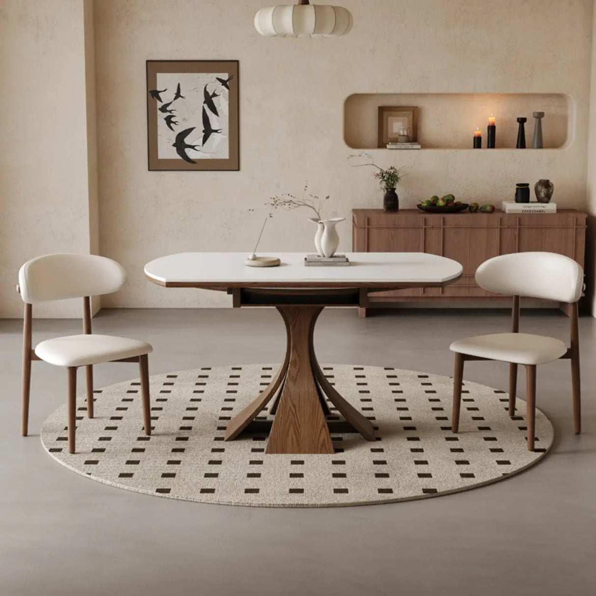 Mid-Century Modern Extendable Round White Stone Dining Table Image - 5