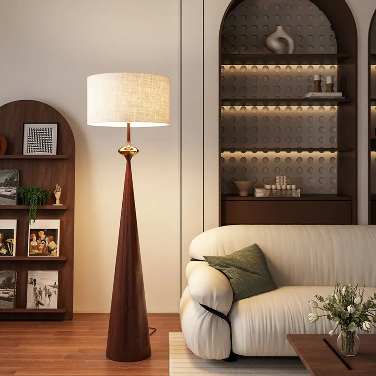 Mid-Century Modern Fabric Shade Tapered Metal Floor Lamp Image - 3