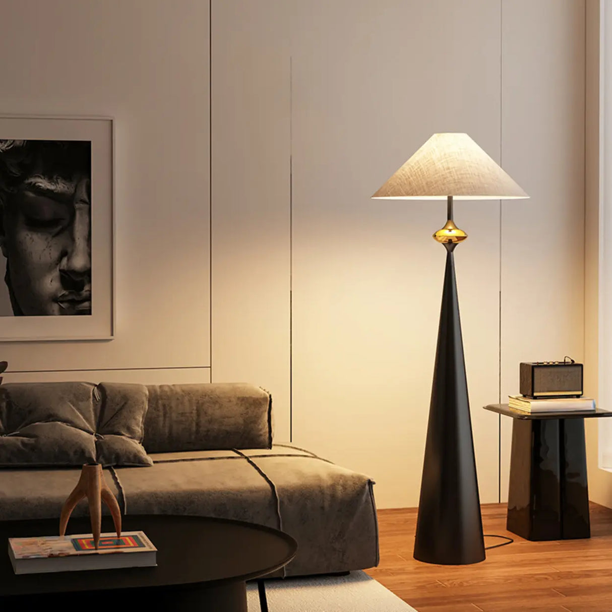 Mid-Century Modern Fabric Shade Tapered Metal Floor Lamp Image - 4