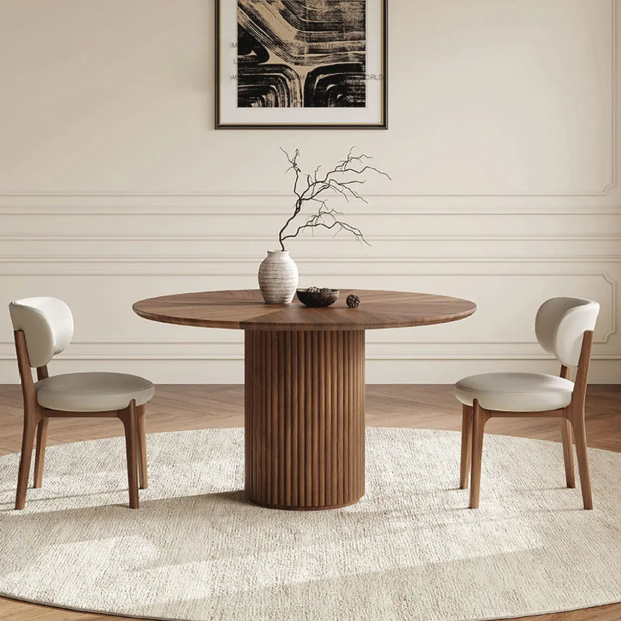 Mid-Century Modern Fluted Pedestal Round Wood Dining Table Image - 1