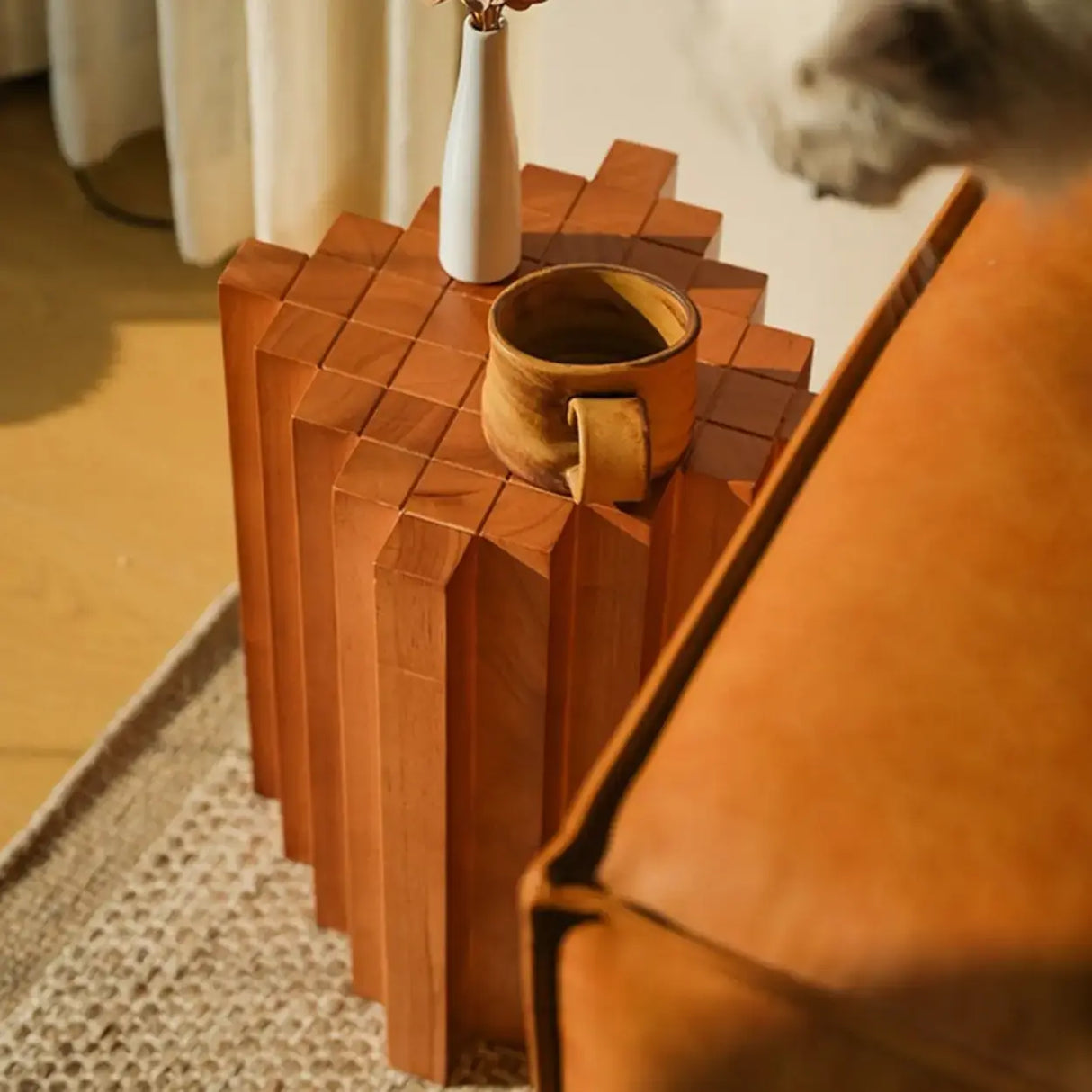 Mid-Century Modern Geometric Solid Rubber Wood Side Table Image - 8