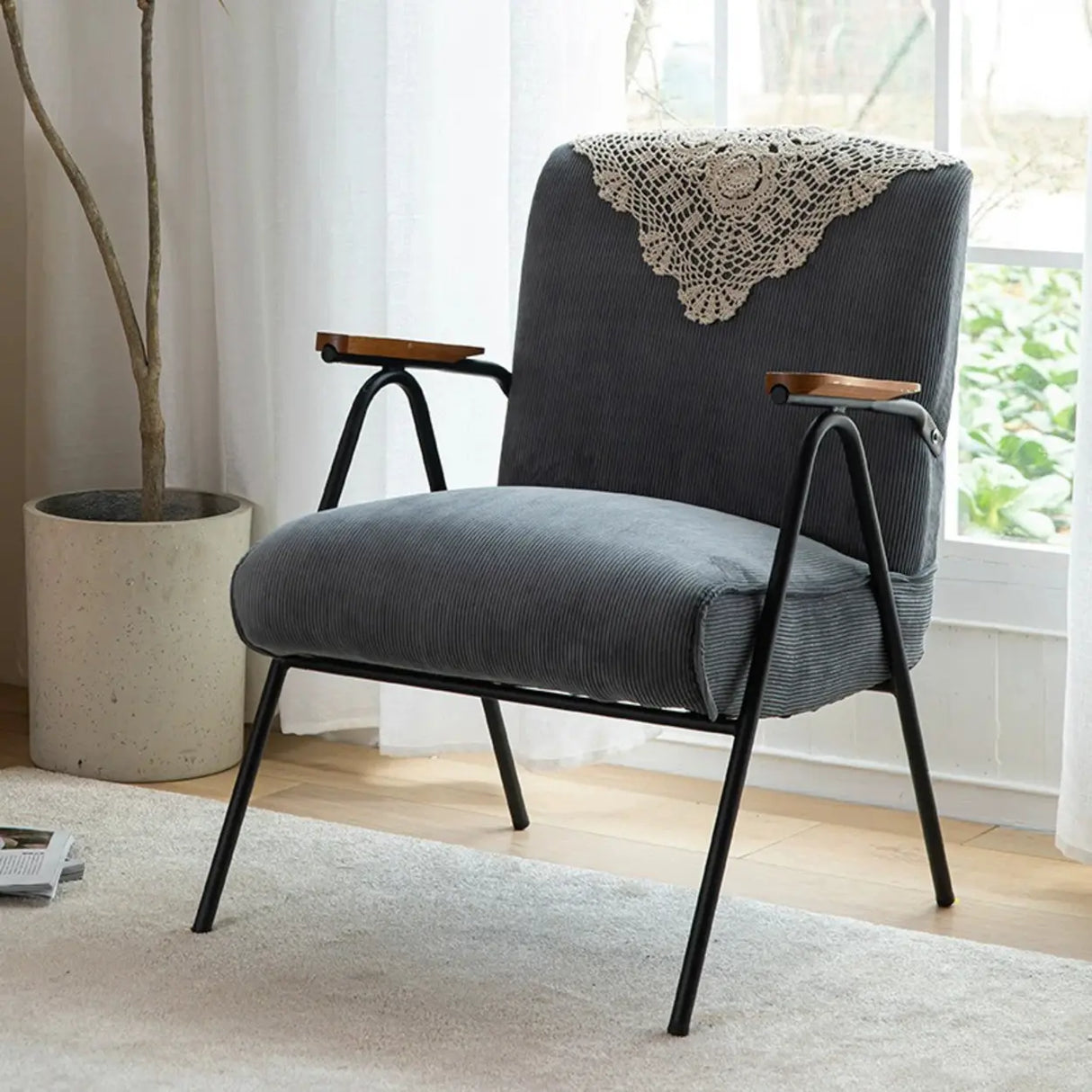 Mid-Century Modern Green Corduroy Accent Chair with Armrest Image - 10