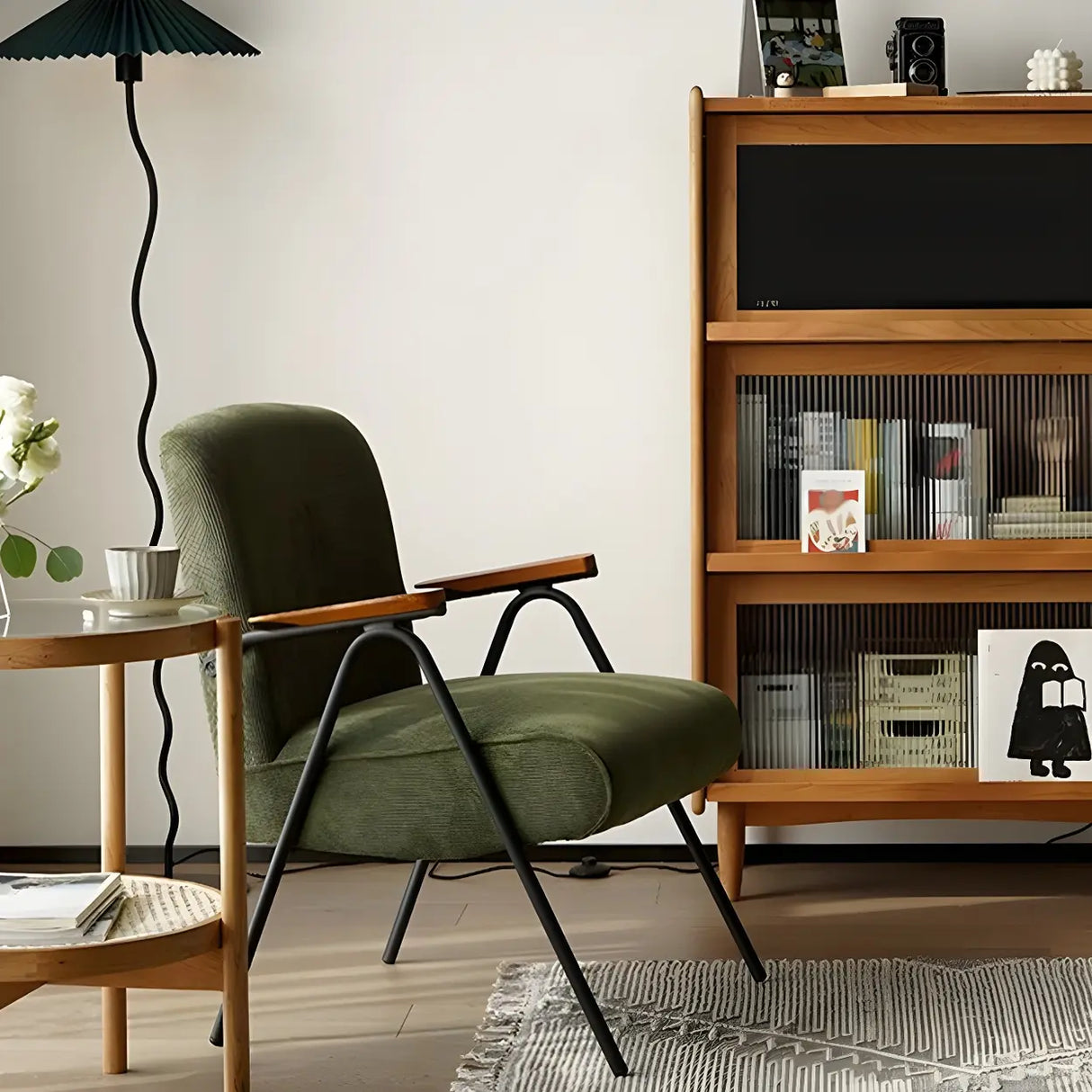 Mid-Century Modern Green Corduroy Accent Chair with Armrest Image - 15