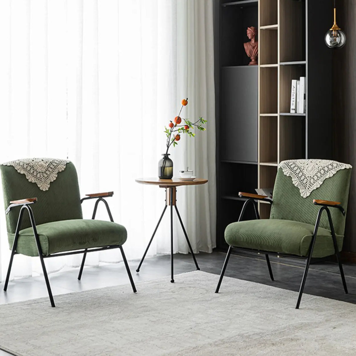 Mid-Century Modern Green Corduroy Accent Chair with Armrest Image - 2