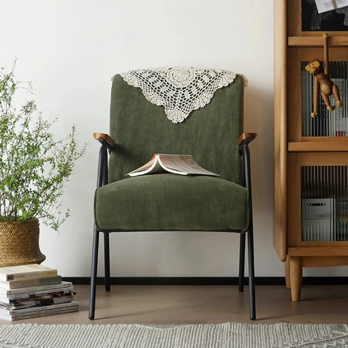 Mid-Century Modern Green Corduroy Accent Chair with Armrest Image - 3