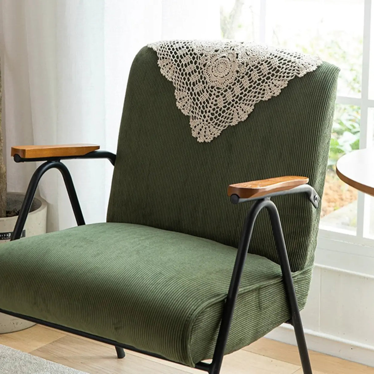 Mid-Century Modern Green Corduroy Accent Chair with Armrest Image - 6