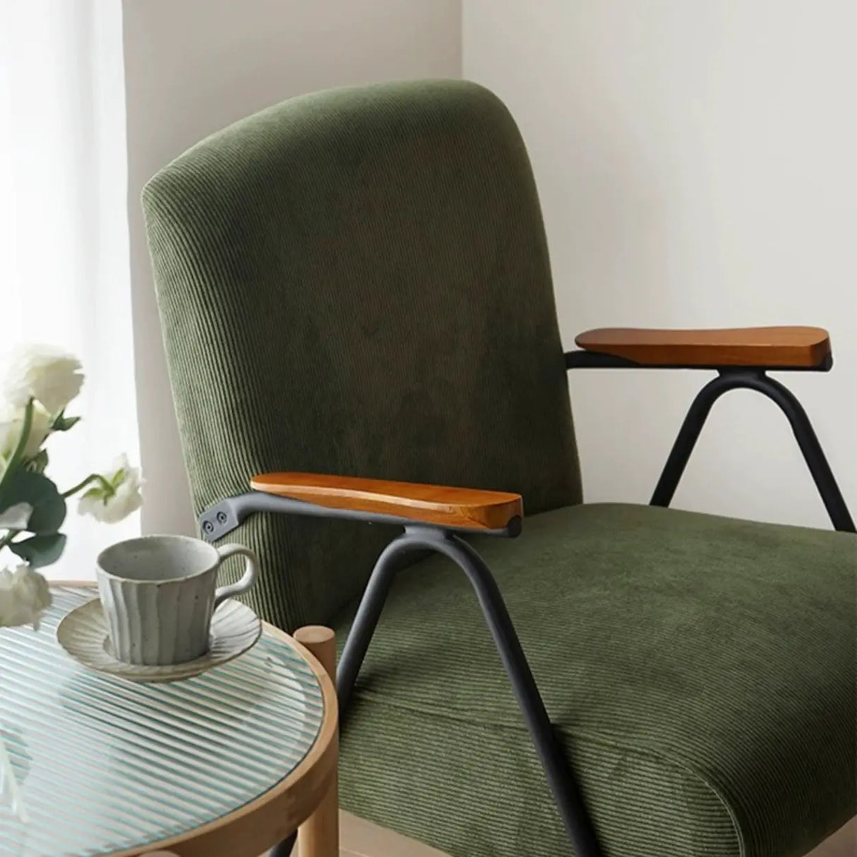 Mid-Century Modern Green Corduroy Accent Chair with Armrest Image - 9