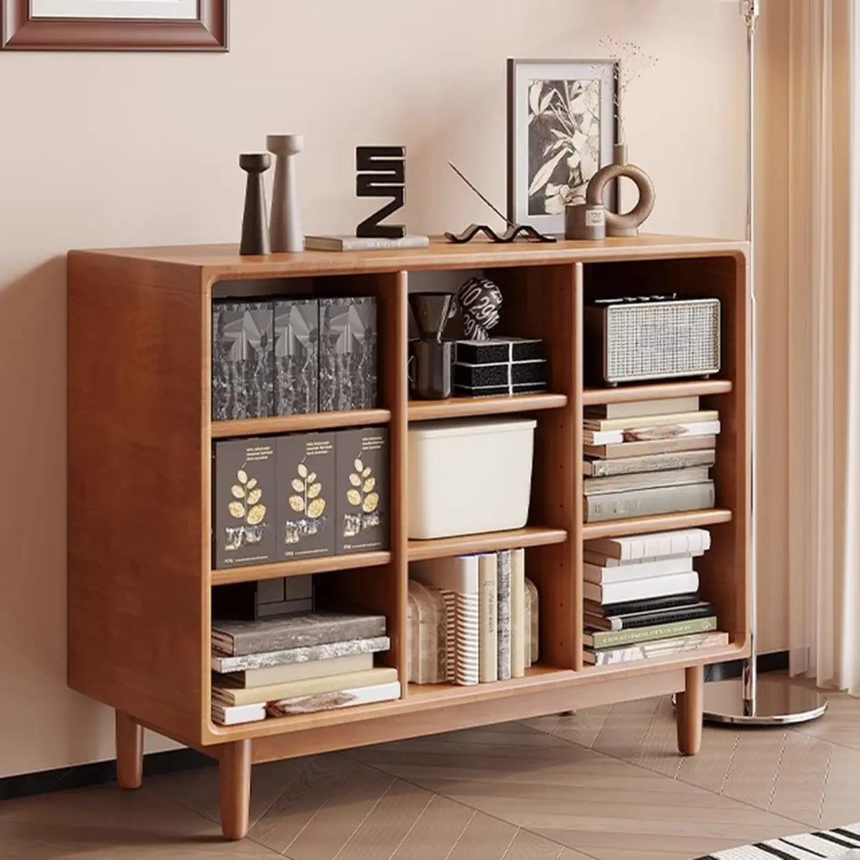 Mid-Century Modern Horizontal Vertical Wood Bookshelf Image - 1