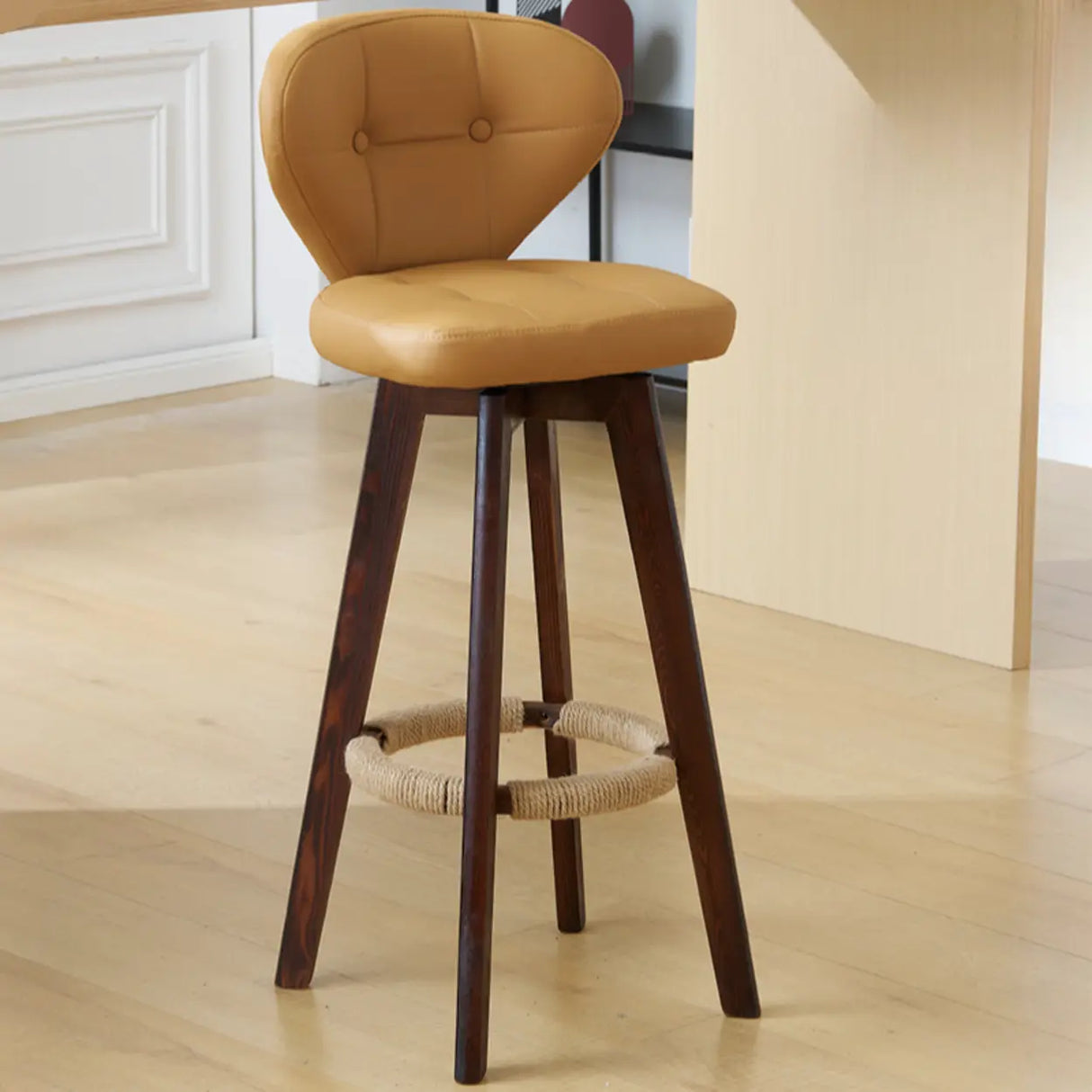 Mid-Century Modern Leather Bar Stool with Wooden Legs Image - 10