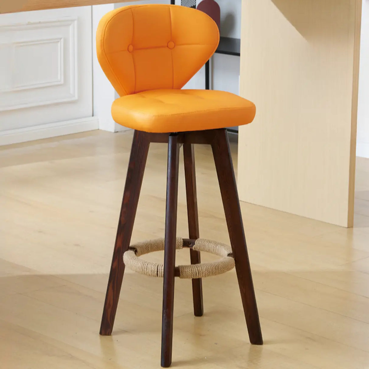 Mid-Century Modern Leather Bar Stool with Wooden Legs Image - 11
