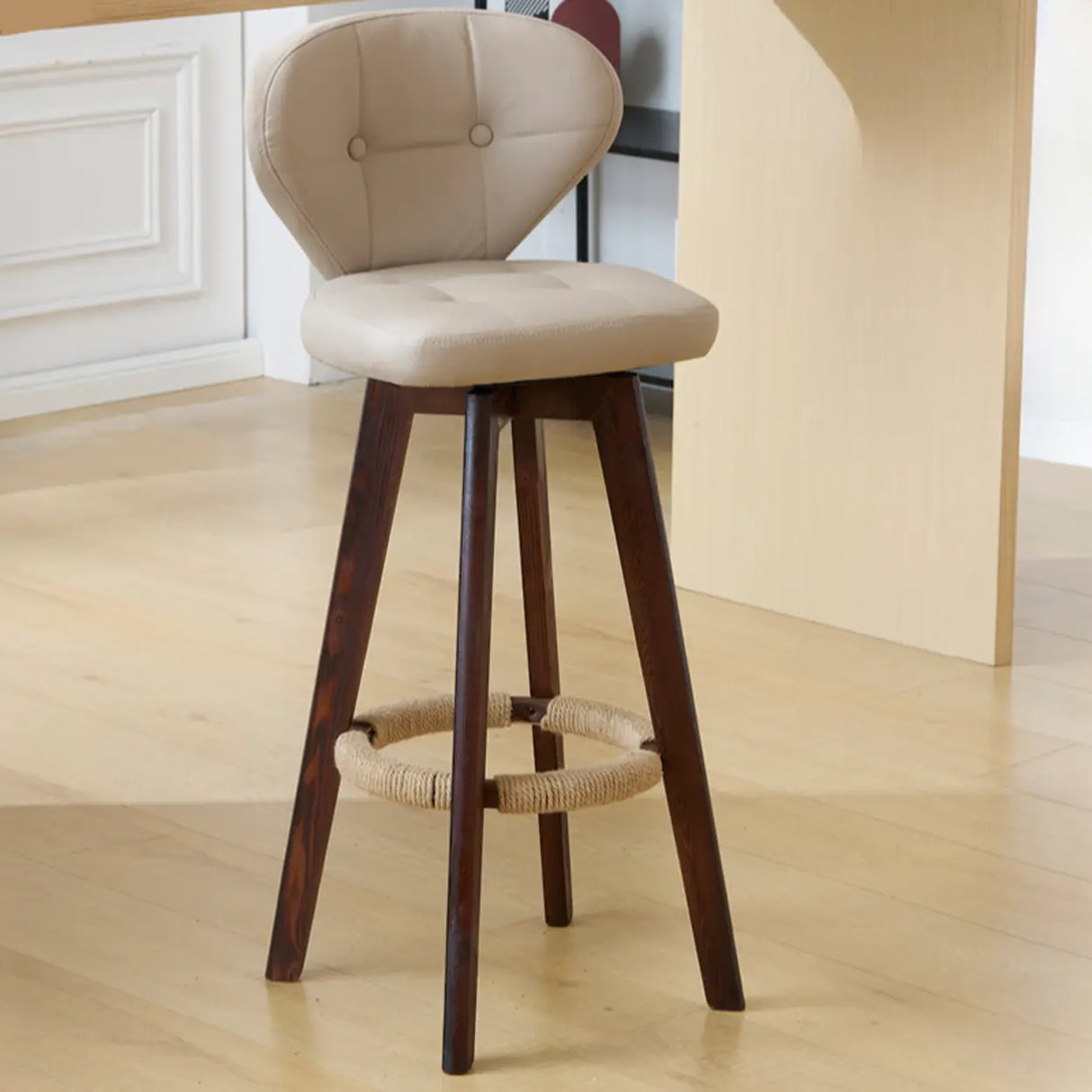 Mid-Century Modern Leather Bar Stool with Wooden Legs Image - 12