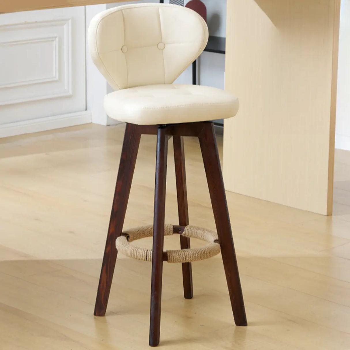 Mid-Century Modern Leather Bar Stool with Wooden Legs Image - 13