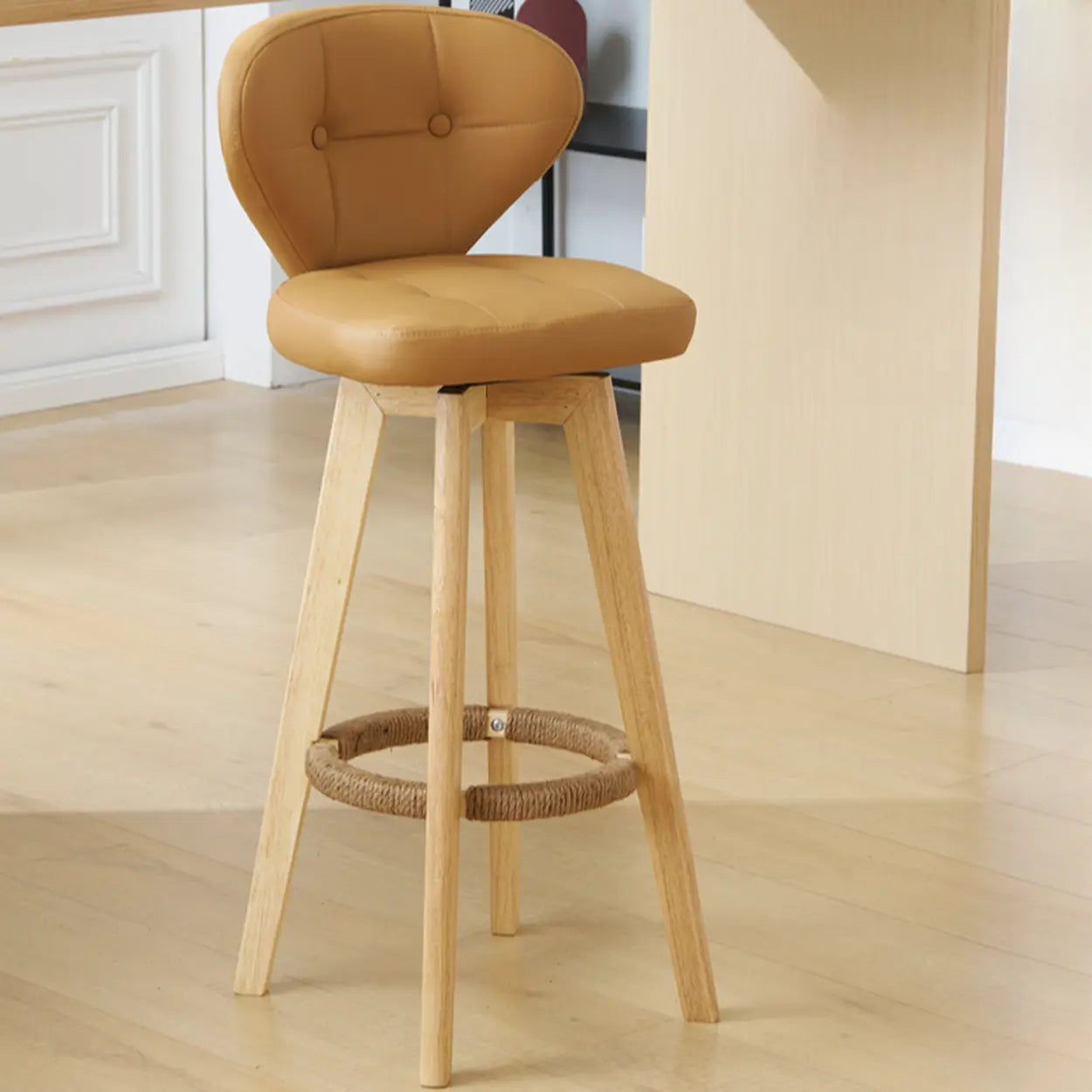 Mid-Century Modern Leather Bar Stool with Wooden Legs Image - 14
