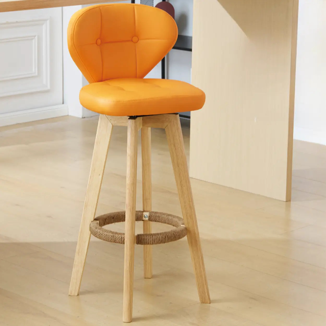 Mid-Century Modern Leather Bar Stool with Wooden Legs Image - 15