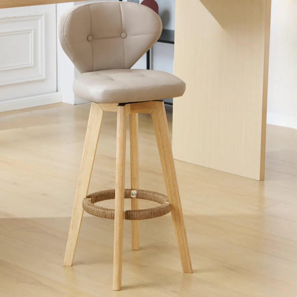 Mid-Century Modern Leather Bar Stool with Wooden Legs Image - 16